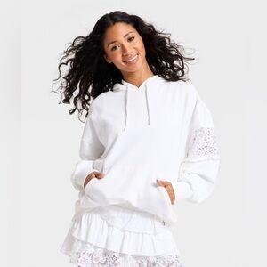 JoyLab Lace Trim French Terry Hooded Sweatshirt - White L